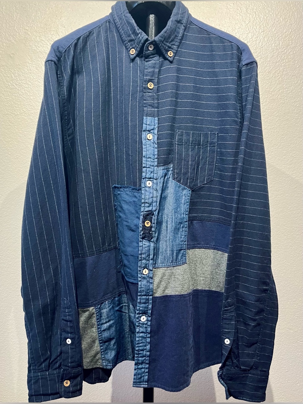 Desigual Patchwork Button-Down Shirt in Navy and Indigo - Size XL (Men’s)